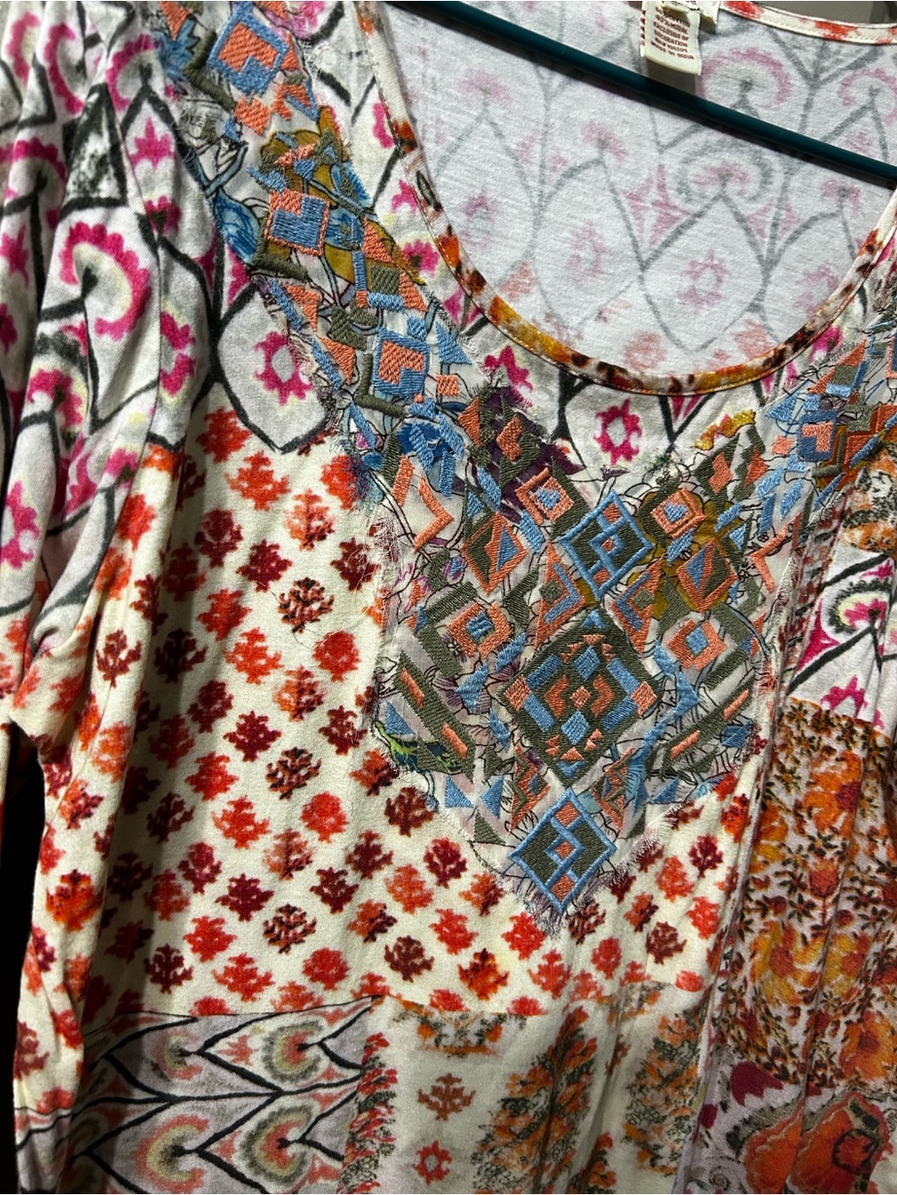 Sundance Boho Patchwork Long-Sleeve Scoop Neck Top - White/Multi - Picture 4 of 4